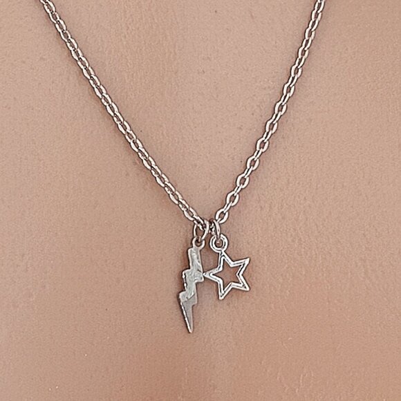 Lightning Bolt Star Silver Pendant Cable Chain Necklace 15" to 23.5" 9029-48-329 - Picture 1 of 5